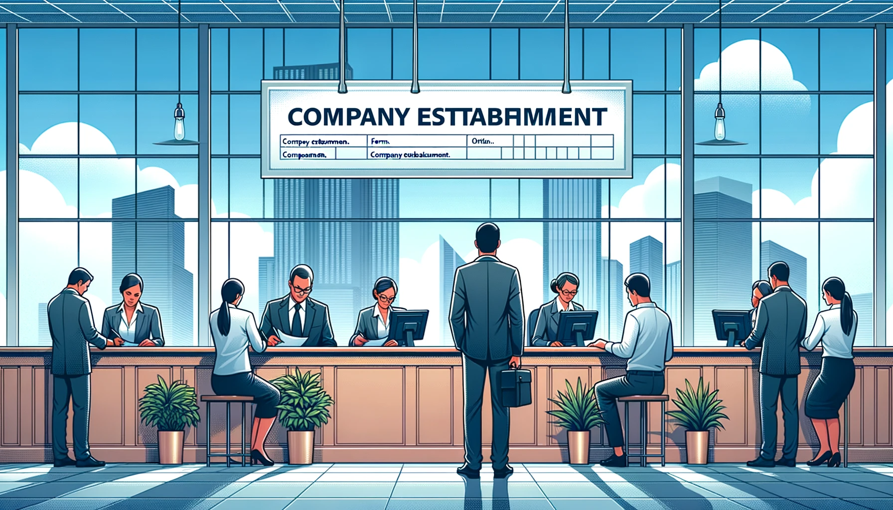 DALL·E 2023-10-25 13.15.55 - Wide illustration of a panoramic office view where a person is at the forefront, submitting a Company Establishment form at a registration counter. 