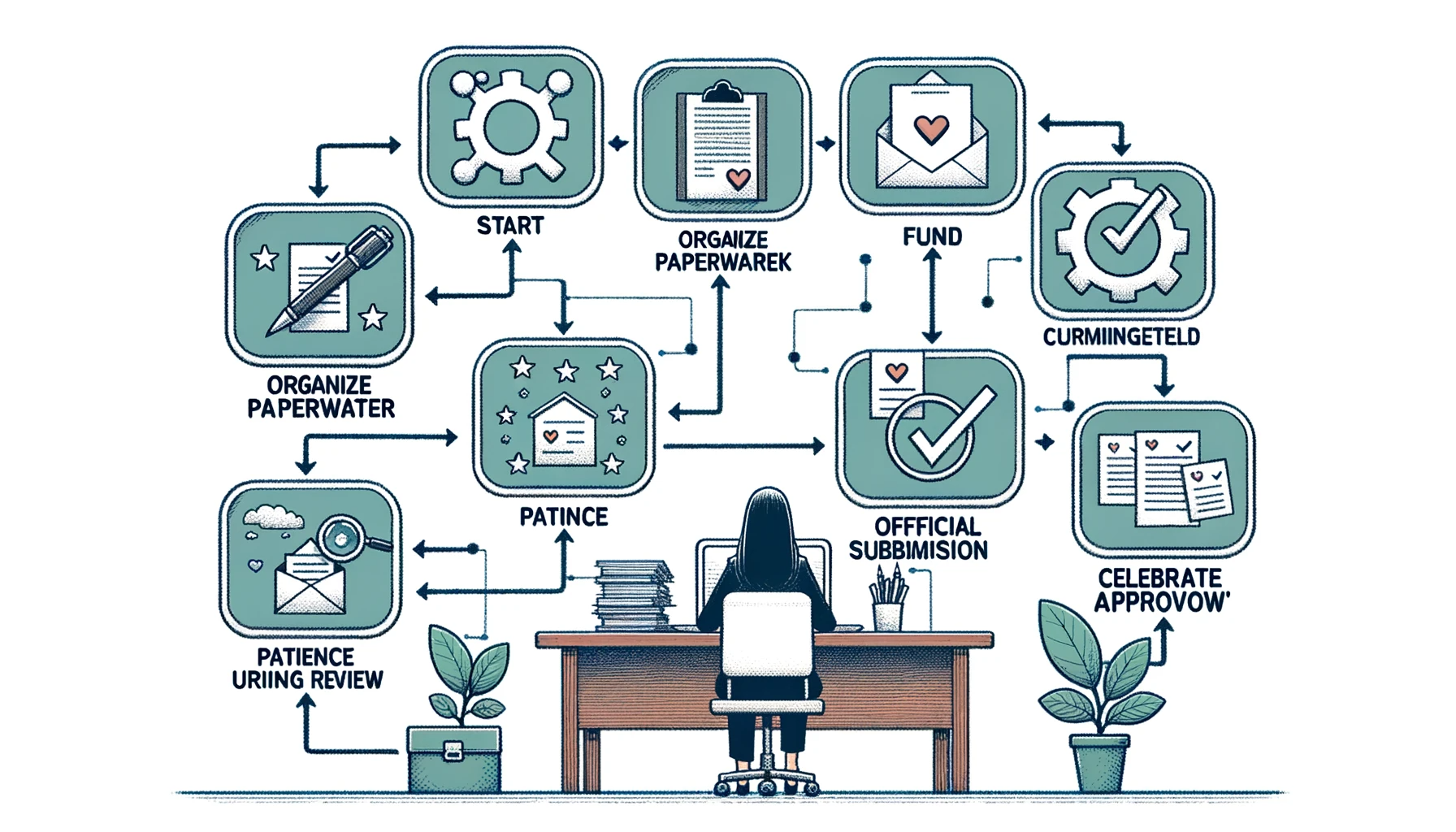 DALL·E 2023-10-25 13.27.47 - Wide drawing of a 青色申告 application flowchart in a corporate setting. A table is depicted where an individual is working on the application, with ste