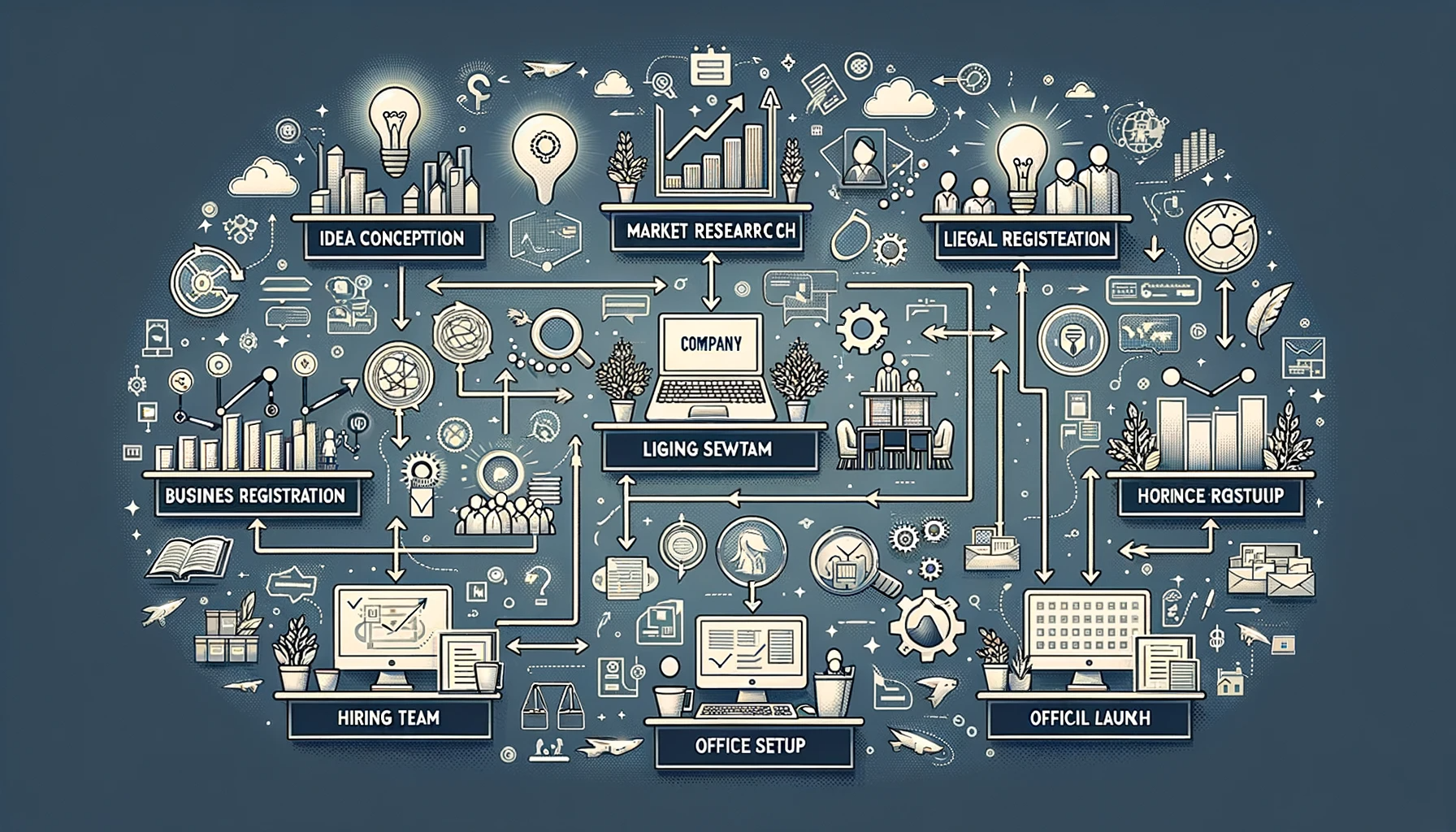 DALL·E 2023-10-25 13.38.21 - Wide illustration of a flowchart detailing the company establishment process. Beginning with Idea Conception, it progresses to Market Research, B