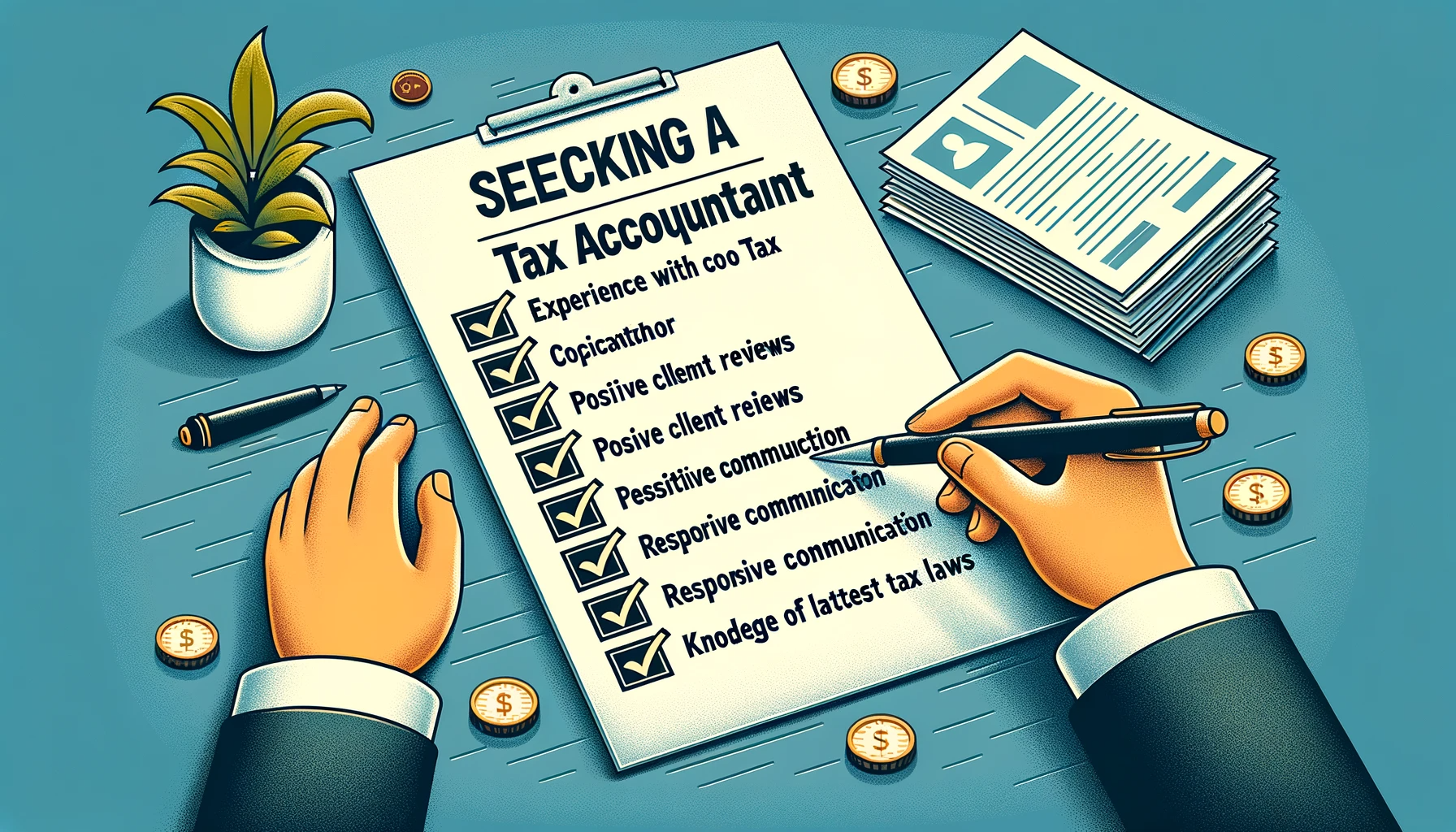 DALL·E 2023-10-25 13.40.24 - Wide illustration of a checklist for selecting a tax accountant. The graphic features a paper with checkboxes next to each criterion like Experience 