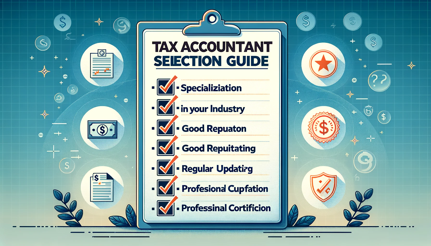 DALL·E 2023-11-01 03.25.28 - Wide vector graphic showcasing a checklist for choosing the right tax accountant. Each item on the list, such as Specialization in Your Industry, T