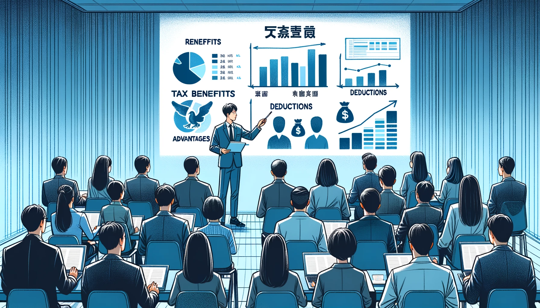 DALL·E 2023-11-01 03.26.21 - Wide drawing of a scene where diverse individuals attend a 青色申告 seminar. The speaker points to a large blue chart that breaks down the tax benefits,