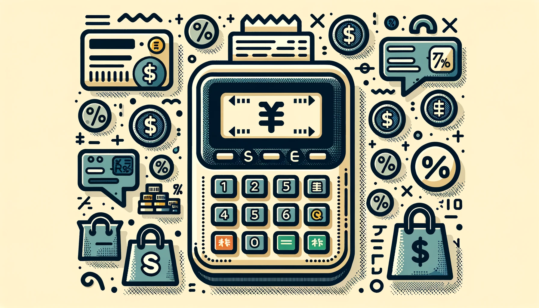 DALL·E 2023-11-01 03.29.50 - Wide vector graphic of a digital payment terminal displaying 消費税 on its screen. Surrounding the terminal are icons of goods and services, with price