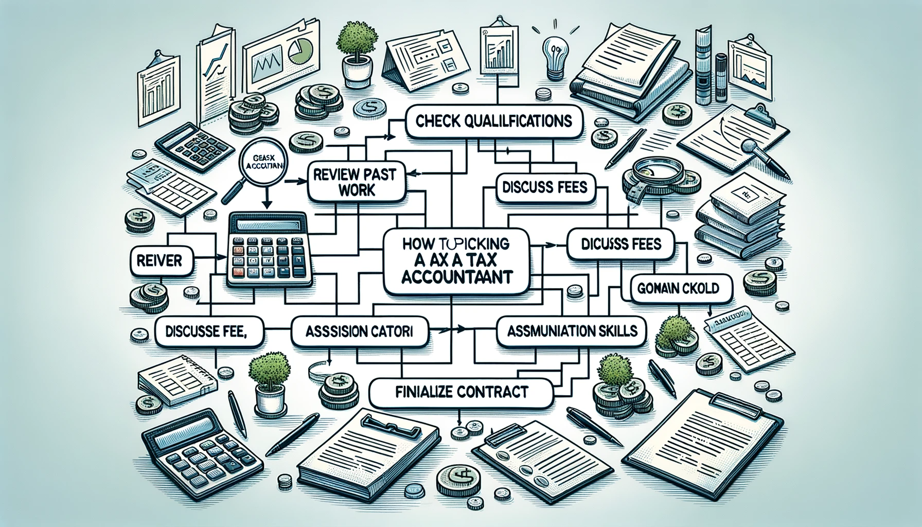 DALL·E 2023-11-01 03.30.38 - Wide drawing of a detailed guide for picking a tax accountant. The guide is designed as a flowchart with decision points like Check Qualifications, 