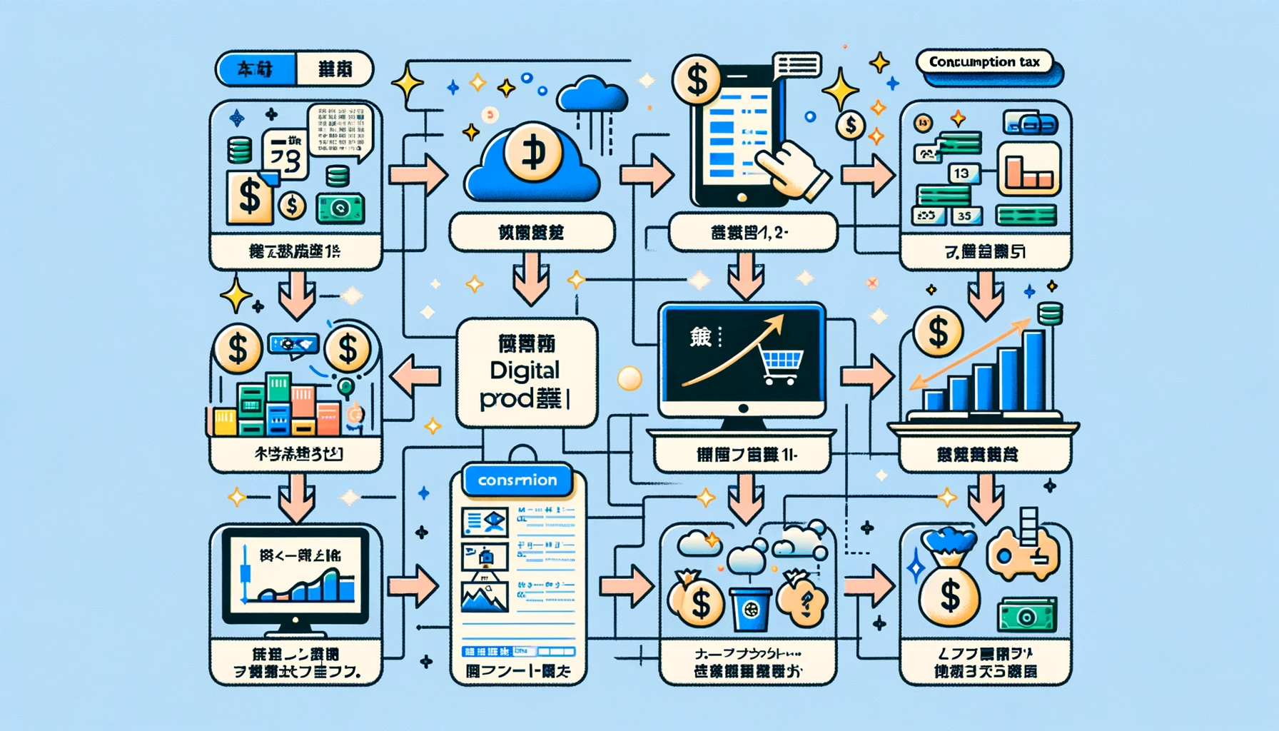 DALL·E 2023-11-01 03.48.03 - Wide infographic detailing how 消費税 applies to digital products. Starting from the top, a flowchart represents a digital product being purchased onli