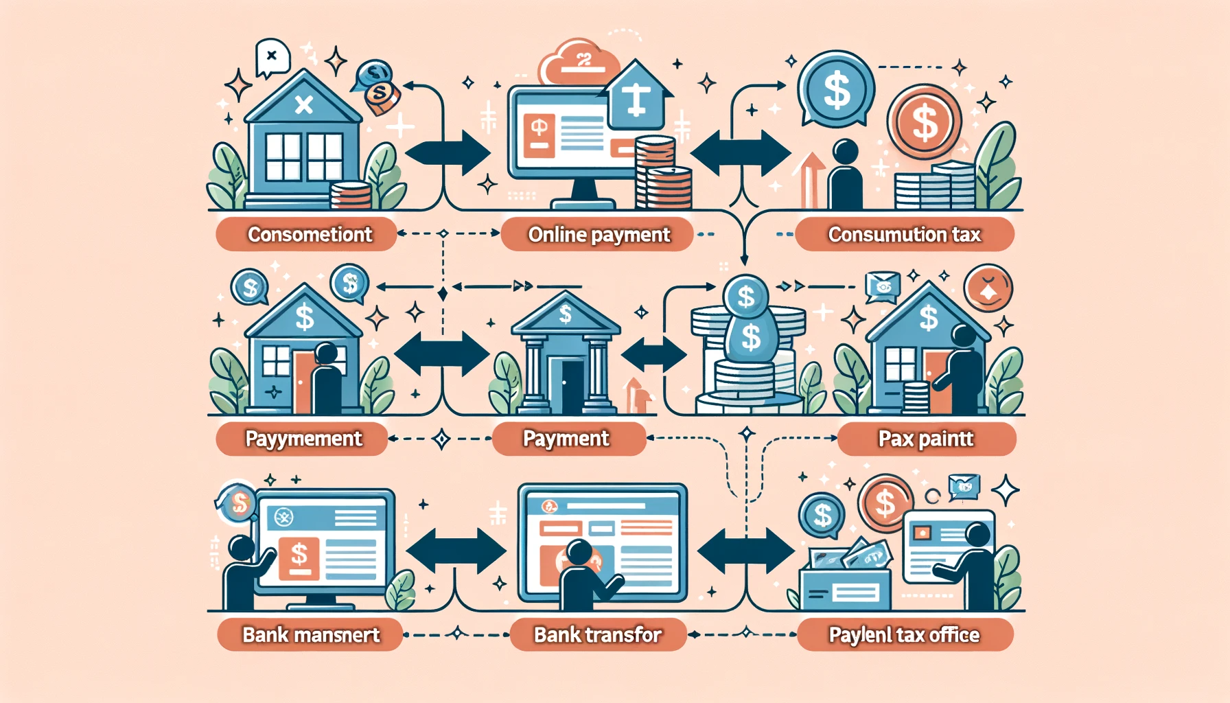 DALL·E 2023-11-01 03.49.52 - Wide image illustrating the various methods of paying consumption tax in a step-by-step manner. Show icons for online payment, bank transfer, and paym