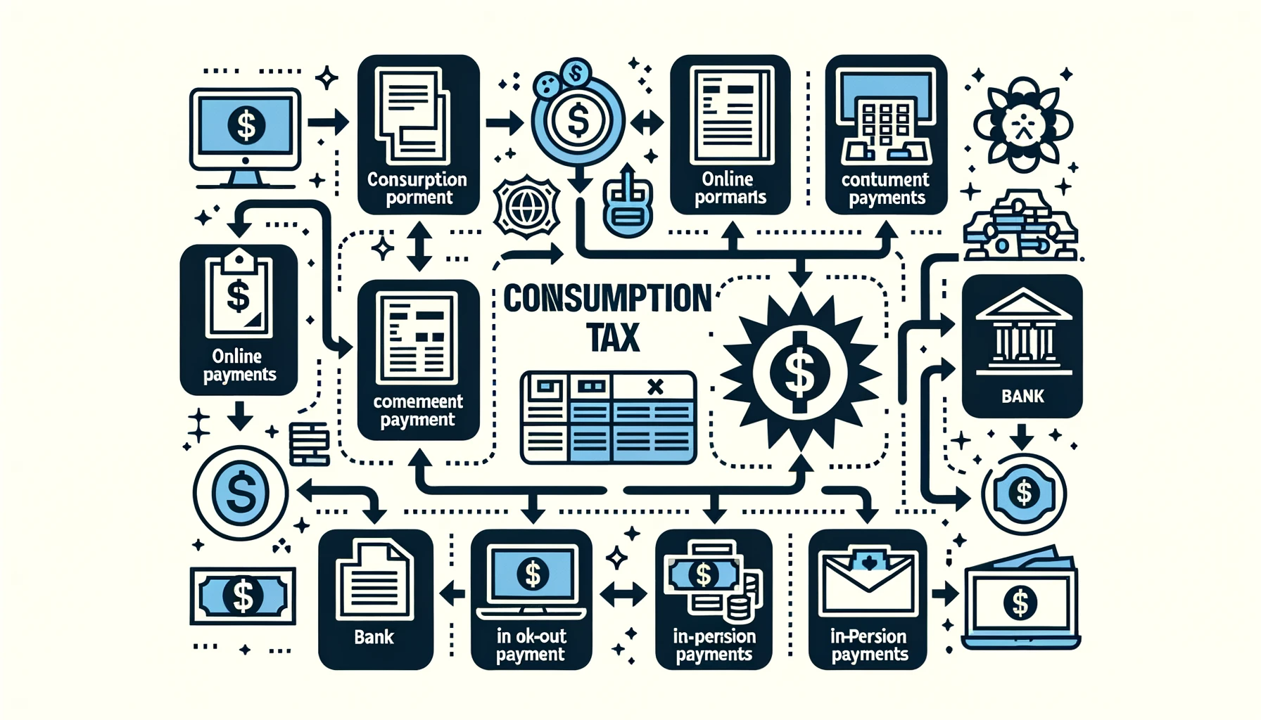 DALL·E 2023-11-01 03.50.34 - Wide graphic showing a flowchart of consumption tax payment options. Highlight options like online portal payments, bank payments, and in-person payme