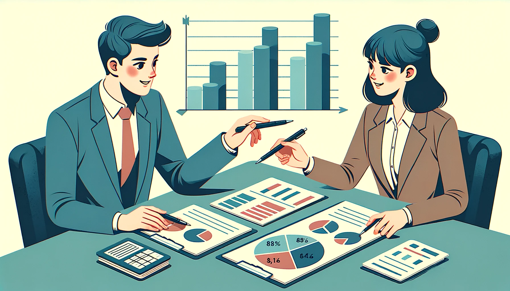 DALL·E 2023-11-02 00.15.25 - Illustration of a businessman and businesswoman discussing an expense report at a conference table. On the table, there are pie charts and bar graphs 