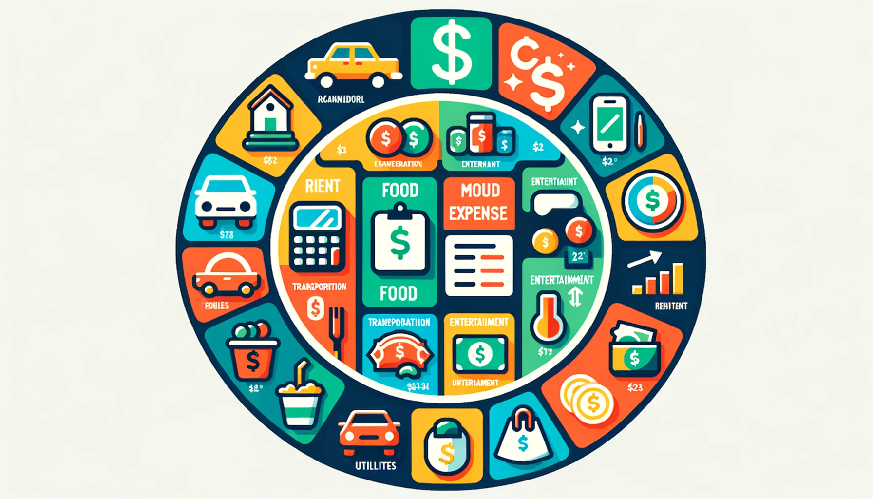 DALL·E 2023-11-02 00.16.58 - Vector illustration of various expenses icons arranged in a circle. Icons include transportation, food, rent, utilities, and entertainment. Each icon 