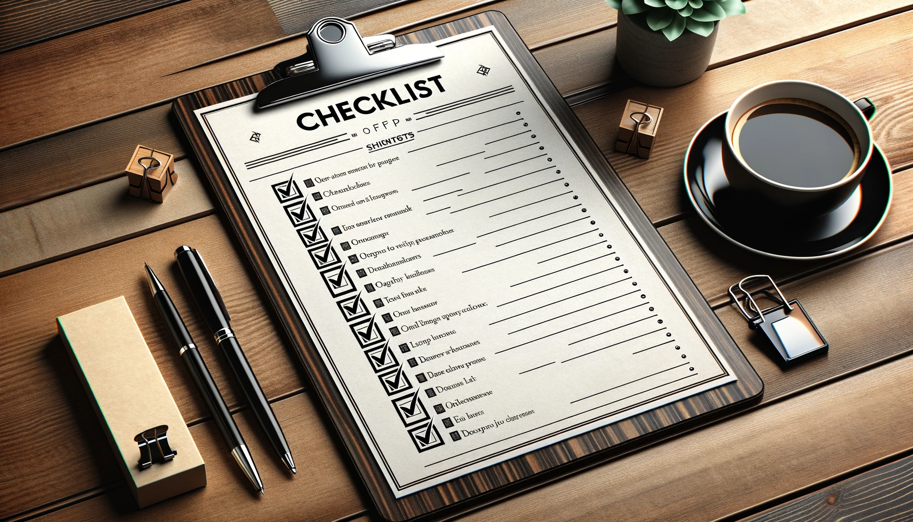 DALL·E 2023-11-02 01.02.00 - Photo of a sleek, modern checklist on a clipboard with points neatly written and checkboxes next to each point. The checklist is placed on a wooden de