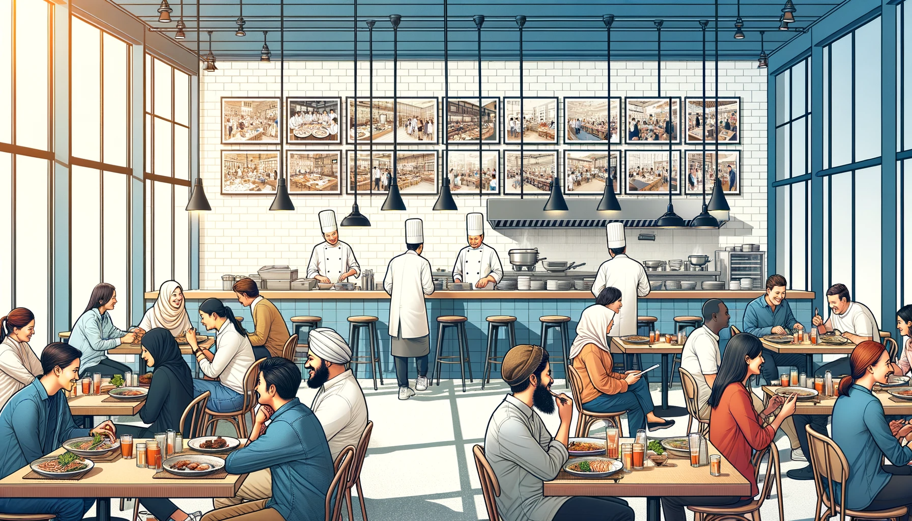 DALL·E 2023-11-02 01.46.34 - Illustration of a bustling new restaurant interior. Customers of various ethnicities are seated, enjoying their meals. In the open kitchen, chefs are 