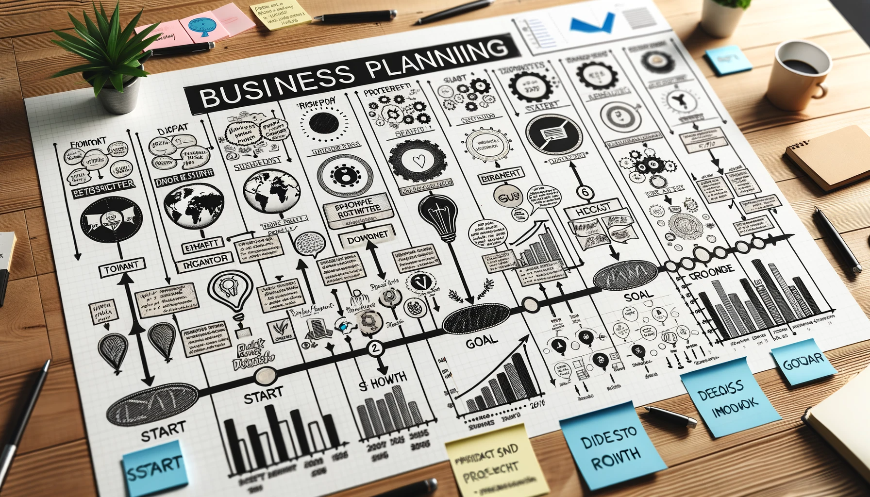 DALL·E 2023-11-02 04.01.05 - Photo of a horizontal business planning board. The board displays a timeline from left to right with various milestones represented by icons. Each mil