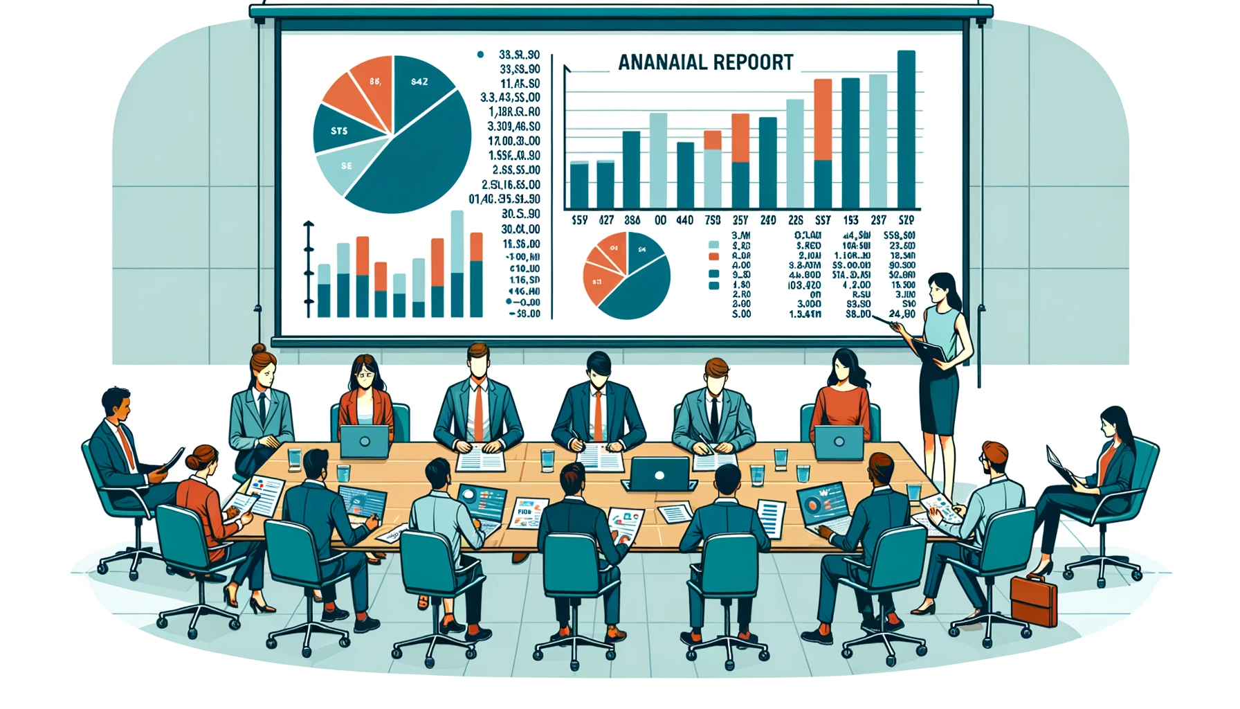 DALL·E 2023-11-02 04.41.18 - Illustration of a corporate meeting room where diverse male and female professionals are discussing the annual financial report. A large projector scr