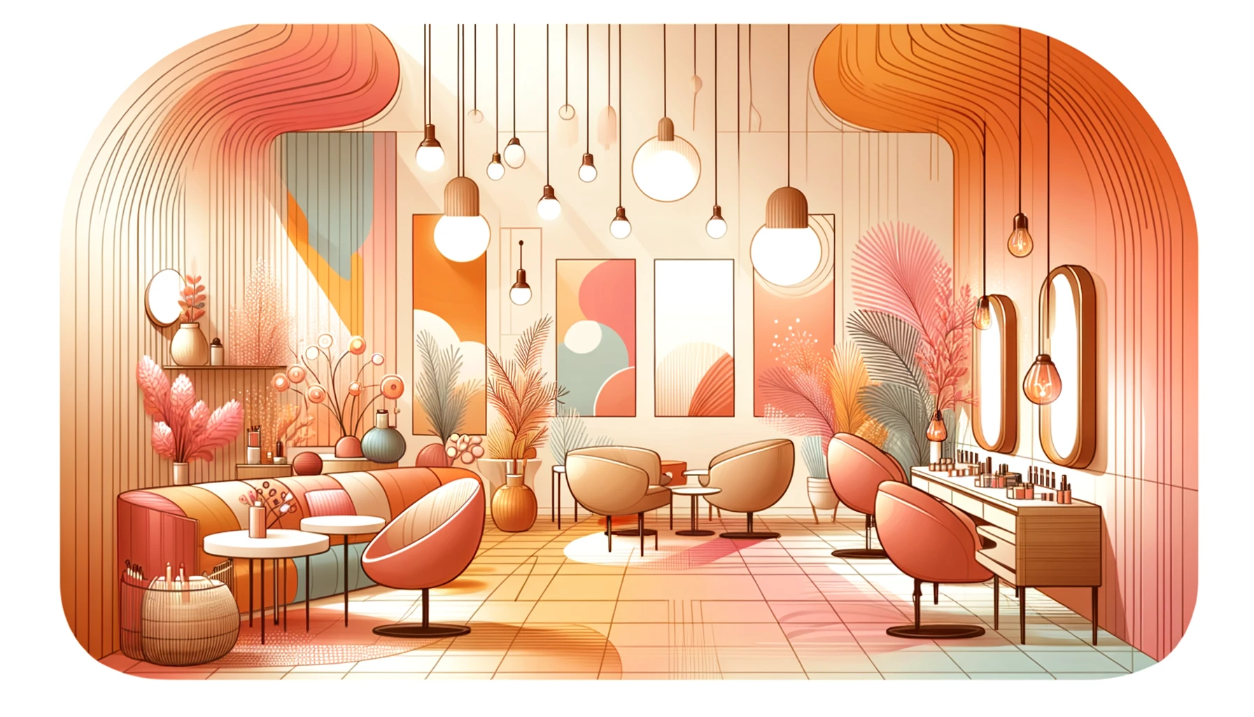 DALL·E 2024-03-25 01.49.37 - Create an illustration of a beauty salon interior with a warm color scheme, emphasizing tones like soft pinks, oranges, and yellows. The style should 